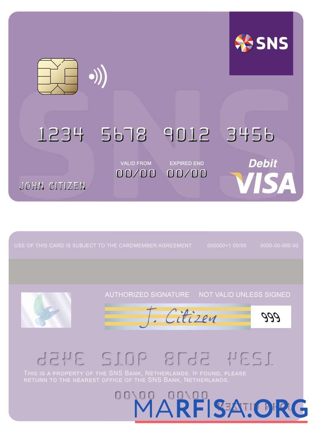 Blank Netherlands SNS Bank visa debit card sample